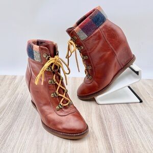 JOHNSTON & MURPHY Women Brynn Leather Brown Lace-Up Wedge Booties | Size US 7 M